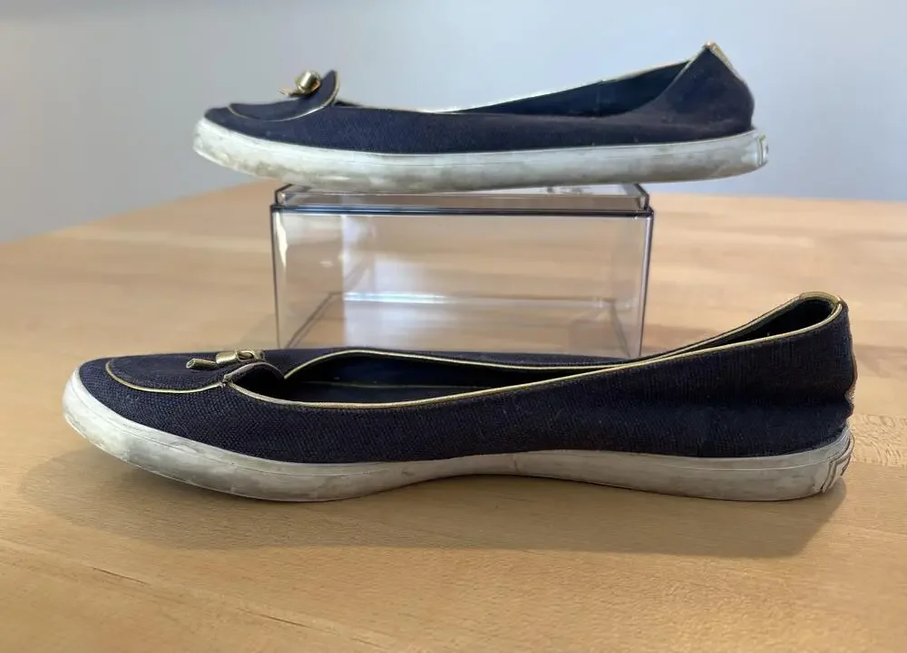 Tory Burch Shoes Womens Size 6 Navy Gold Logo Canvas Bow Ballet Flats Casual